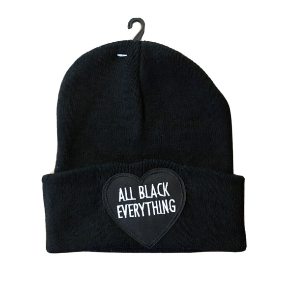 All Black Everything Beanie Heart Hat Winter Skull Cap Metal Goth - Picture 1 of 1